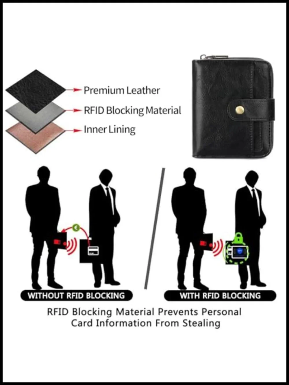 Vegan Leather Bifold Wallet with RFID Blocking Zipper